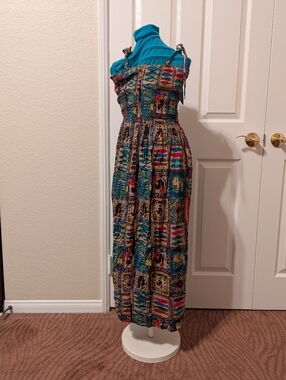 Smocked Multicolor Maxi Dress with Teal Accents